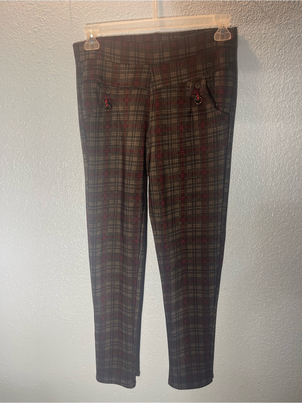 Women's Plaid Slim Dress Pants in Gray and Red